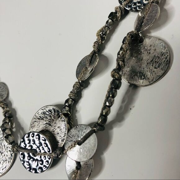 Silver Hammered Disc Beaded Double Layer Necklace Ribbon Tie - Picture 4 of 6